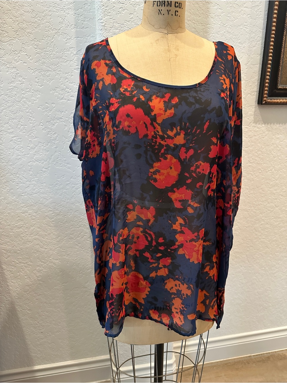 Sheer Navy Floral Blouse with Orange & Red Accents